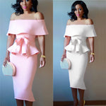 New Women Short Sleeve Ruffle Hem Shirts Bow 2 Piece Set Solid Lace Up Off Shoulder Tops and Bodycon Skirt Sexy Club Party Suits